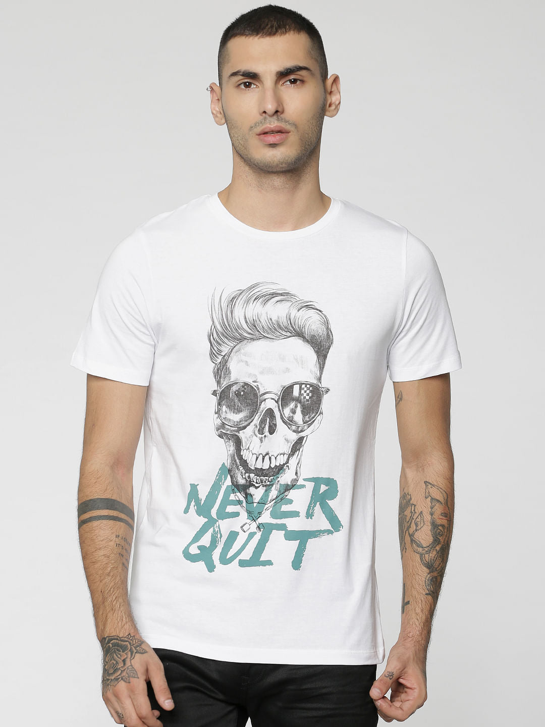 White Skull & Text Print Crew Neck T-Shirt - S