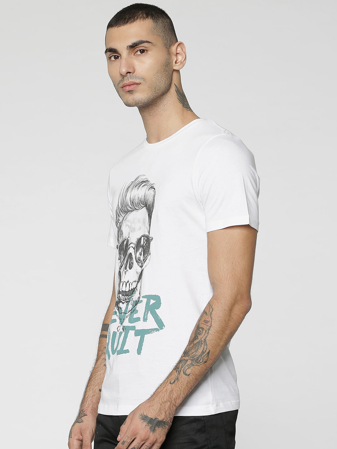 White Skull & Text Print Crew Neck T-Shirt