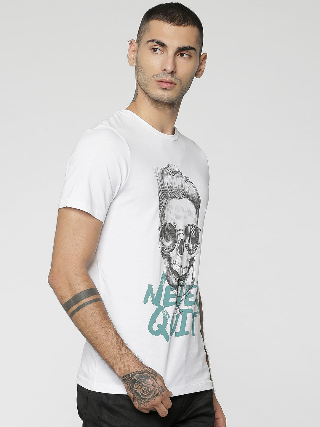 White Skull & Text Print Crew Neck T-Shirt