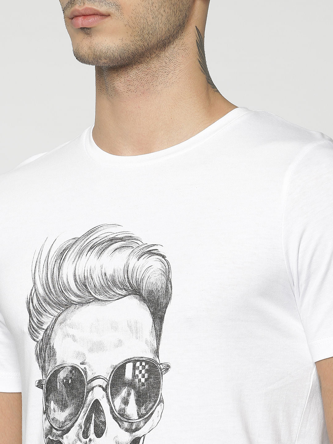 White Skull & Text Print Crew Neck T-Shirt