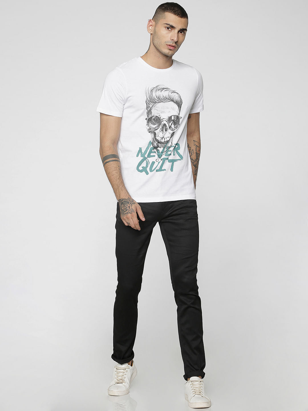 White Skull & Text Print Crew Neck T-Shirt