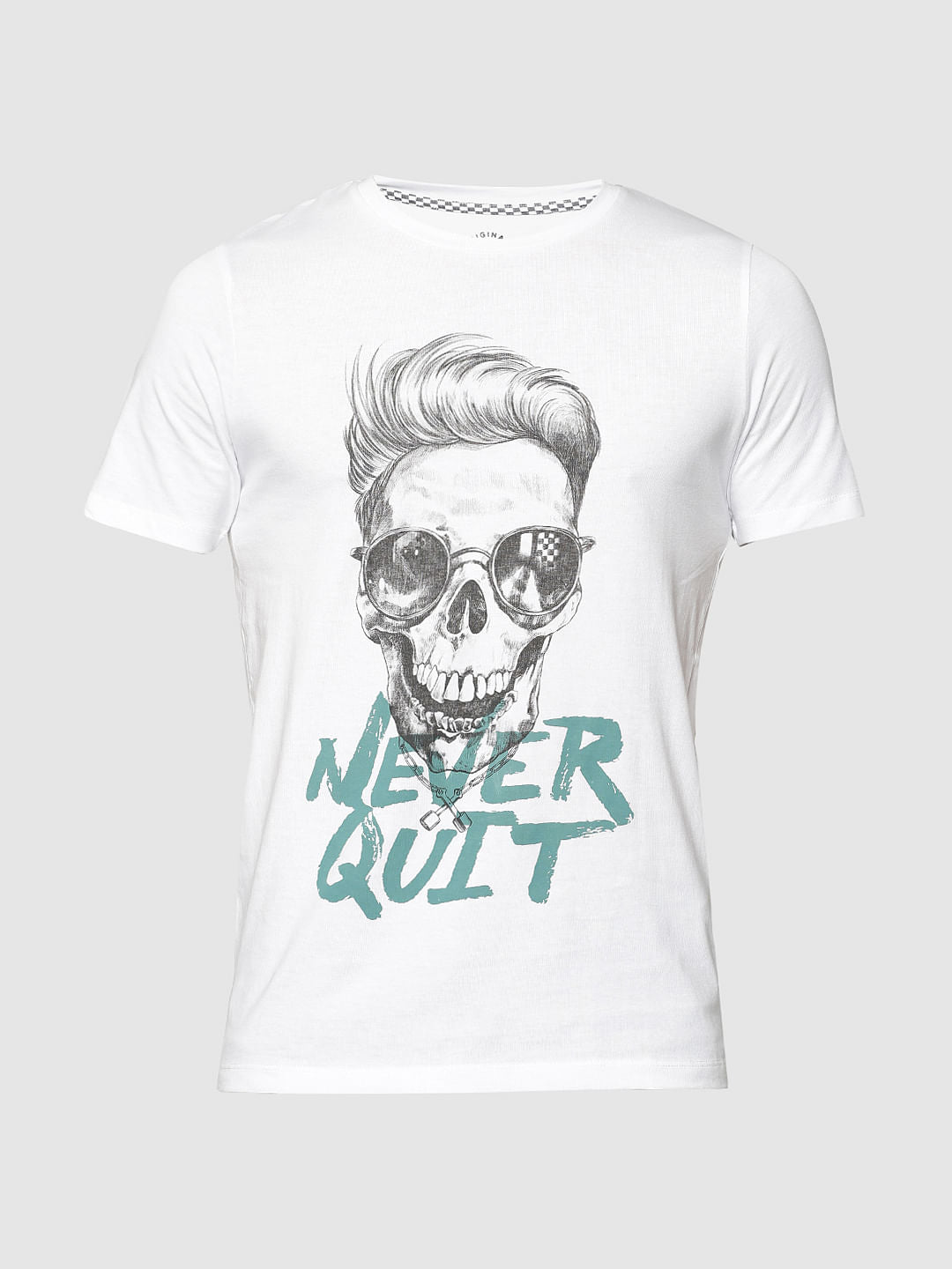 White Skull & Text Print Crew Neck T-Shirt