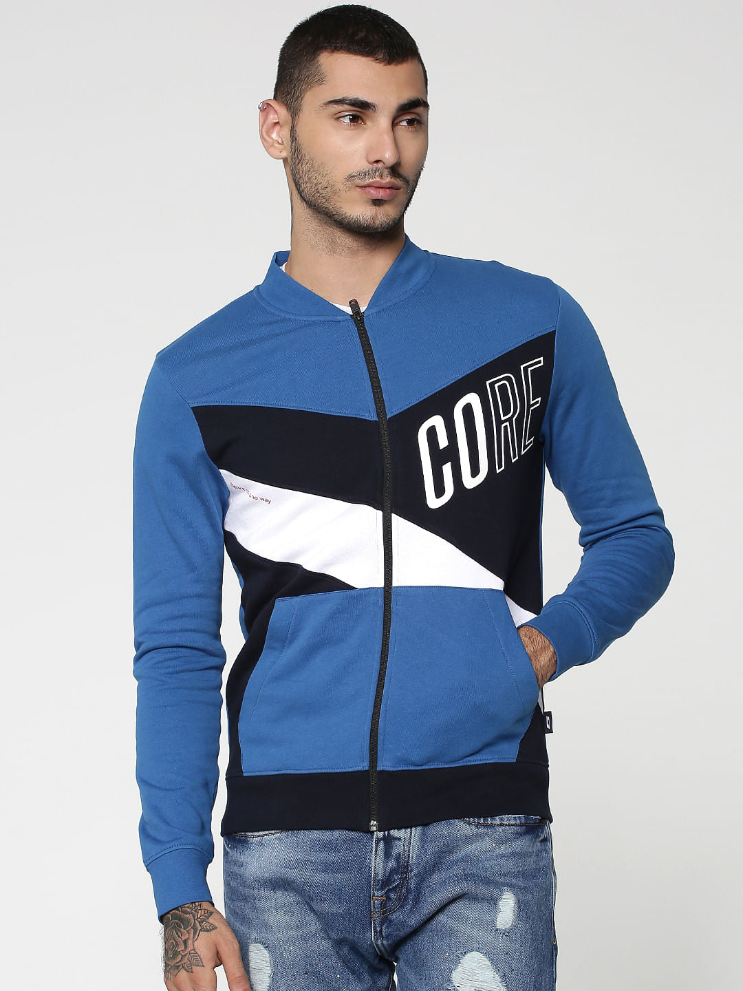 Blue Colourblocked Sweat Jacket - S