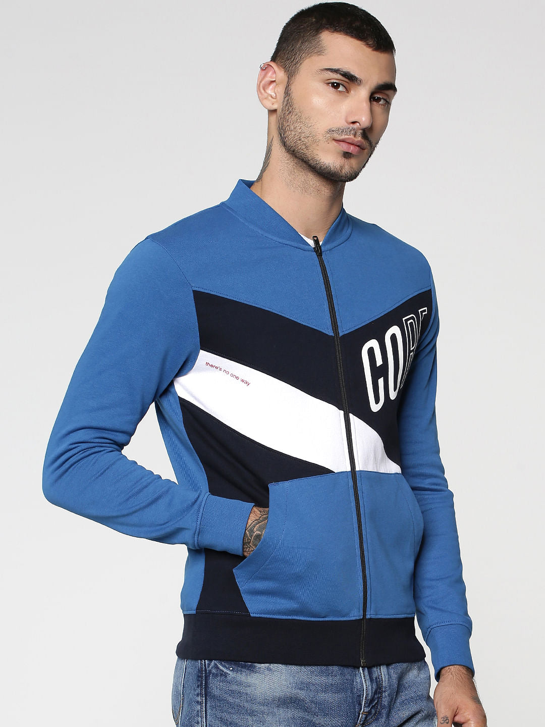 Blue Colourblocked Sweat Jacket