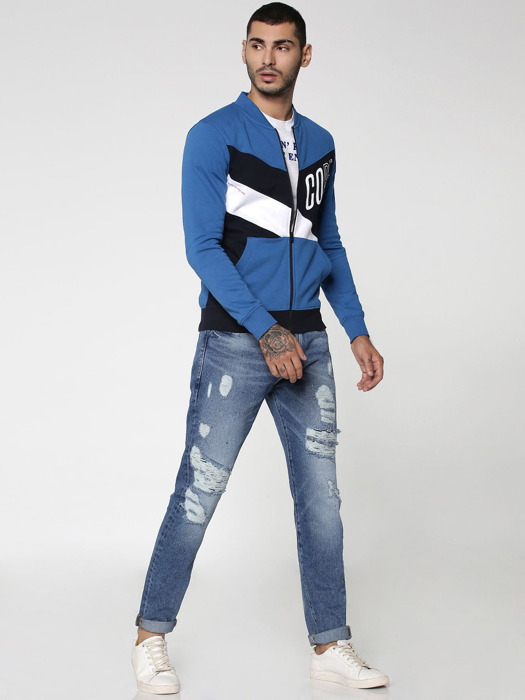 Blue Colourblocked Sweat Jacket
