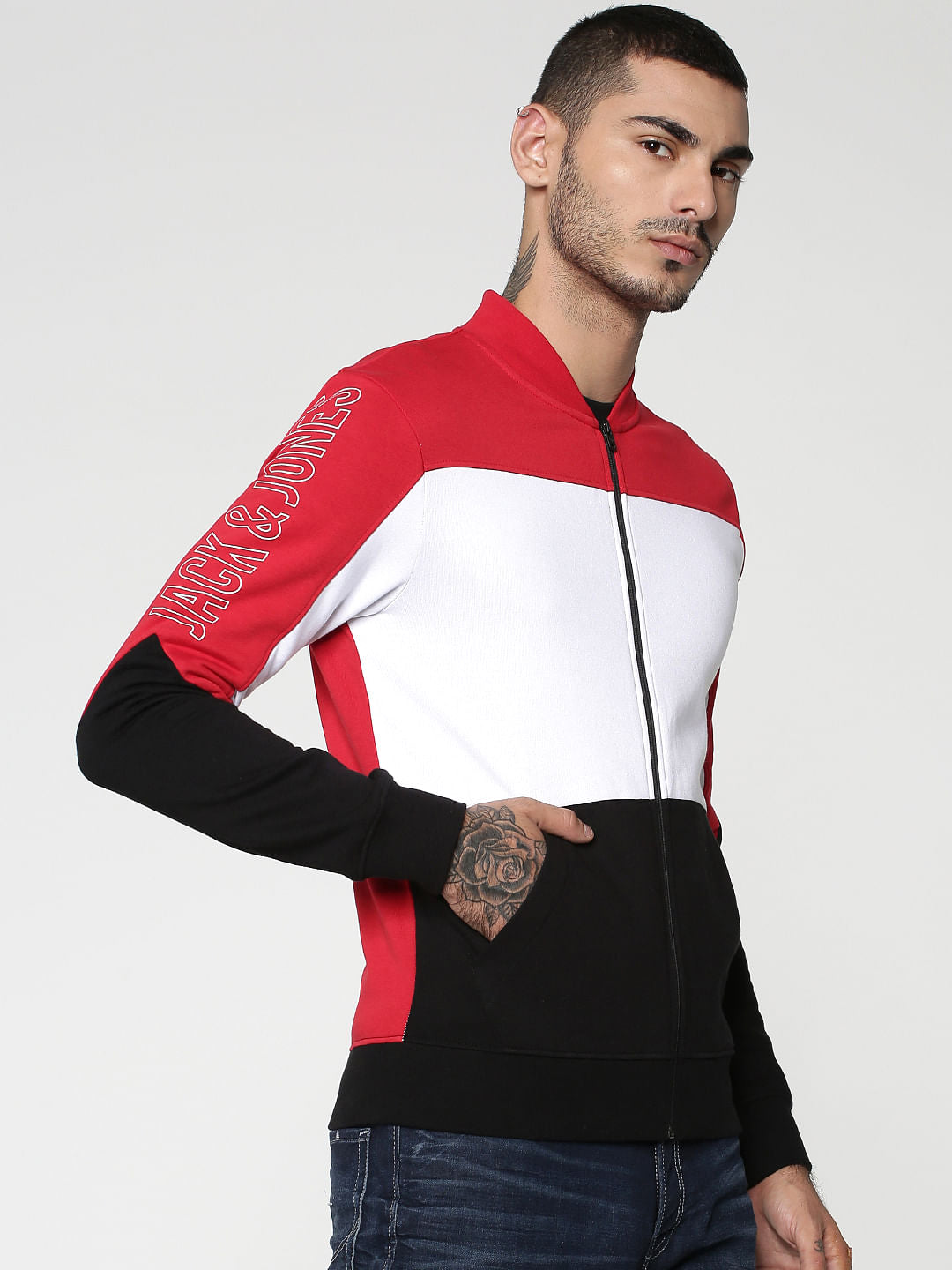 Red Colourblocked Sweat Jacket