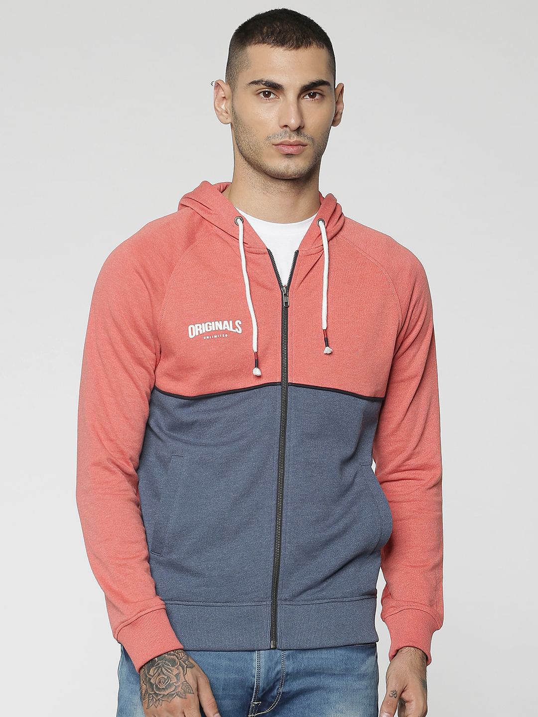 Peach Colourblocked Hooded Sweat Jacket - S