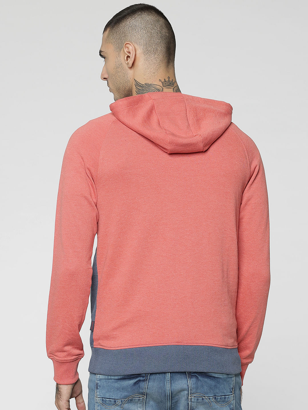 Peach Colourblocked Hooded Sweat Jacket