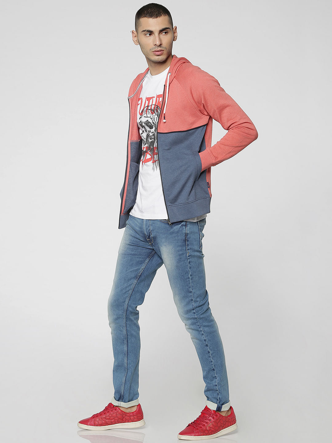 Peach Colourblocked Hooded Sweat Jacket