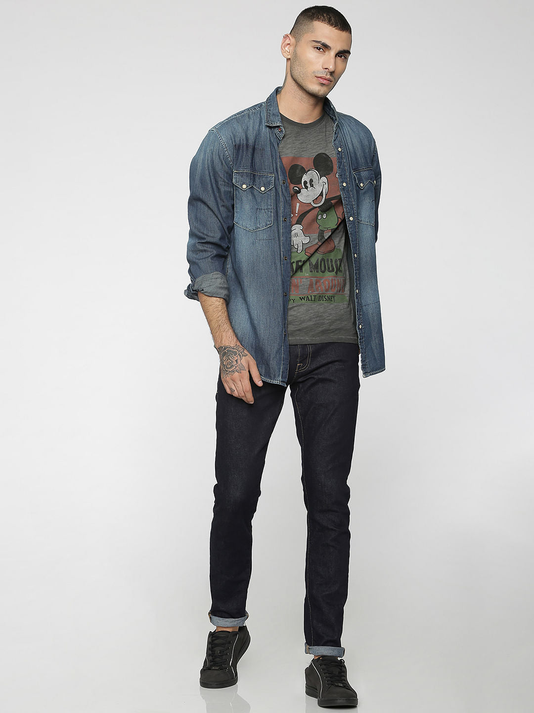Mickey Grey Mickey Mouse Print Crew Neck T-Shirt