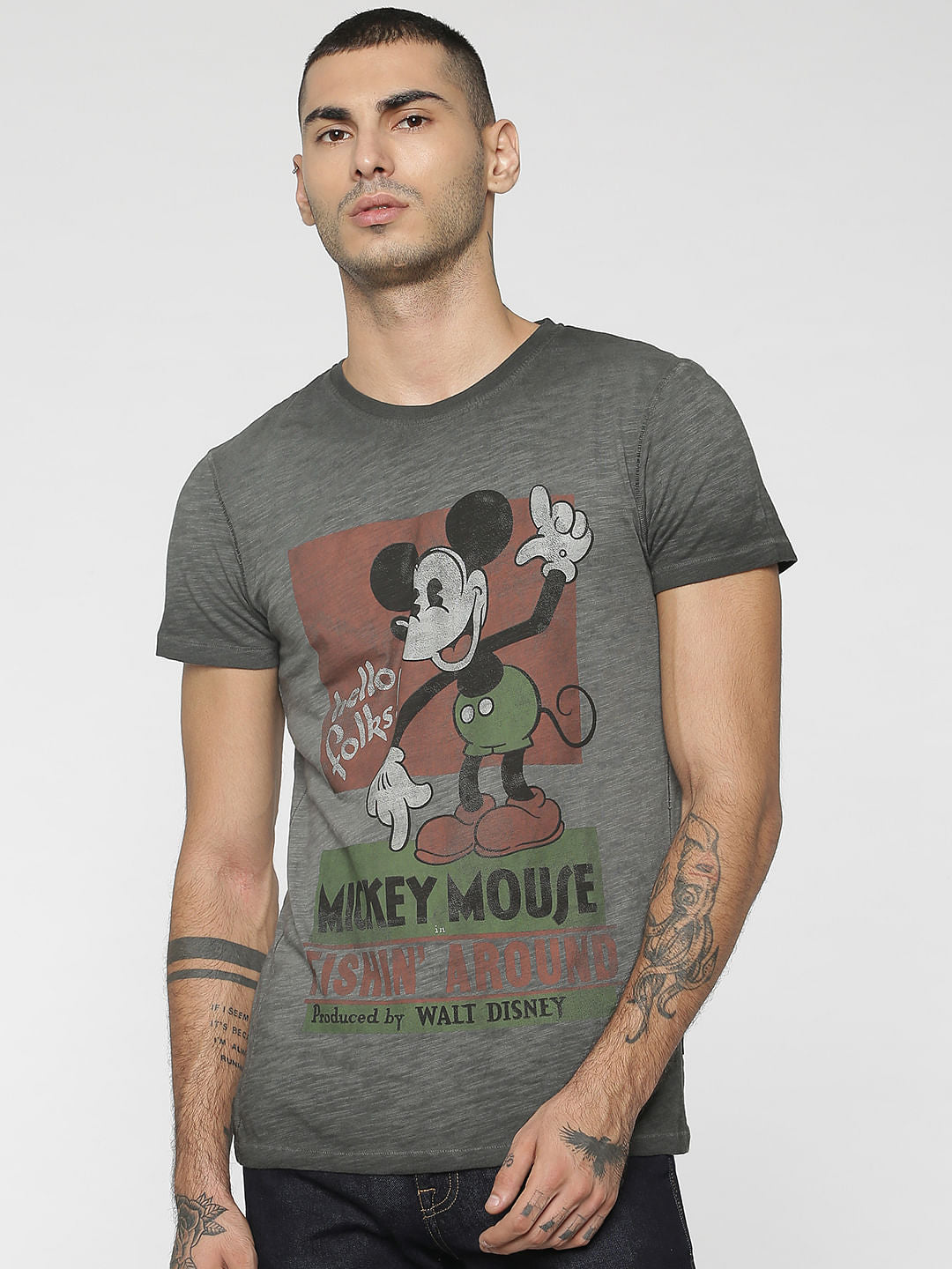 Mickey Grey Mickey Mouse Print Crew Neck T-Shirt - S