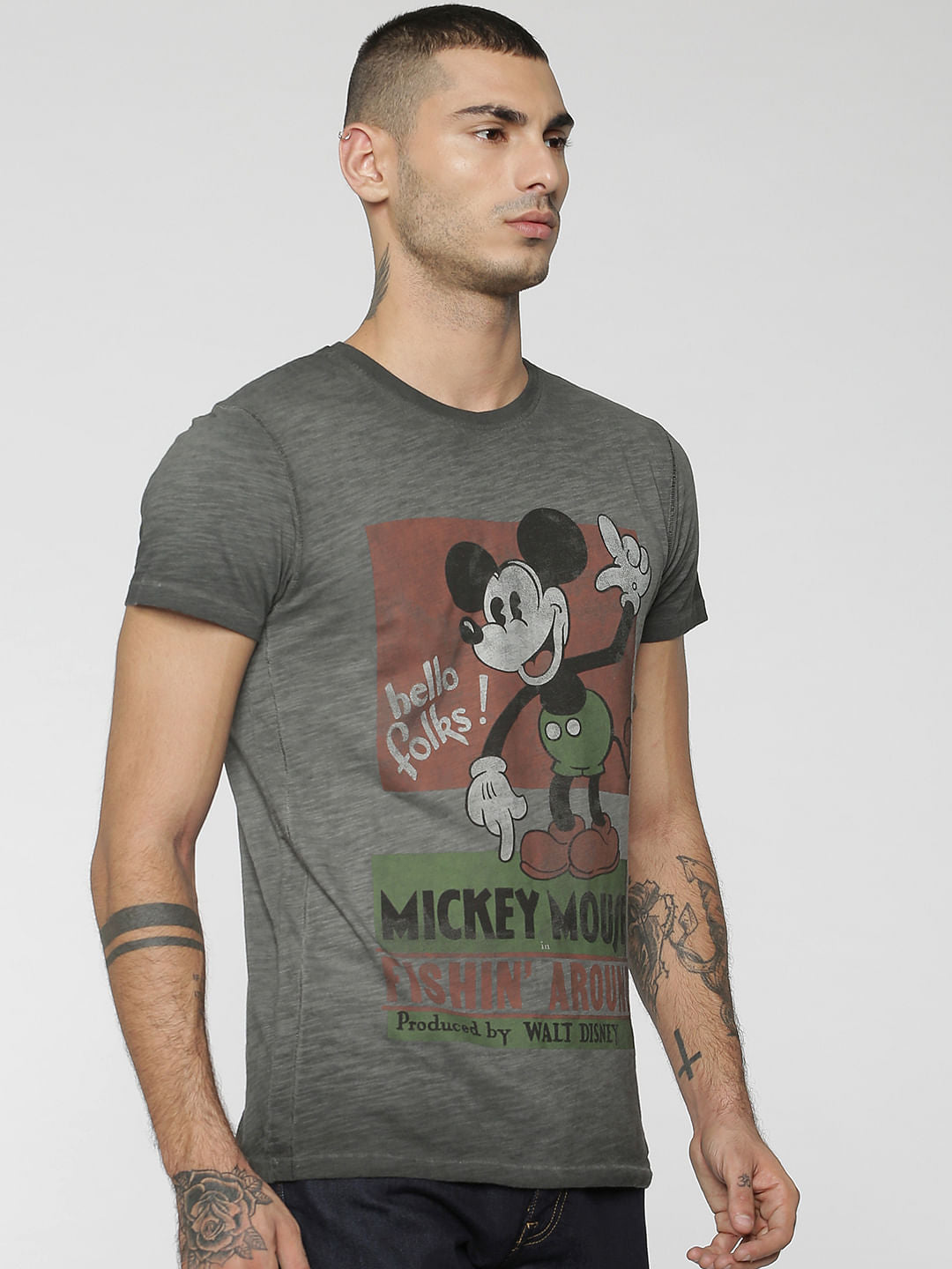 Mickey Grey Mickey Mouse Print Crew Neck T-Shirt