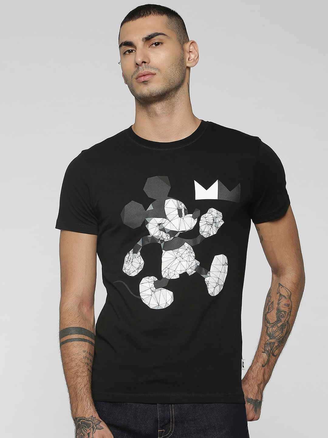 Mickey Black Mickey Mouse Origami Print Crew Neck T-Shirt - S