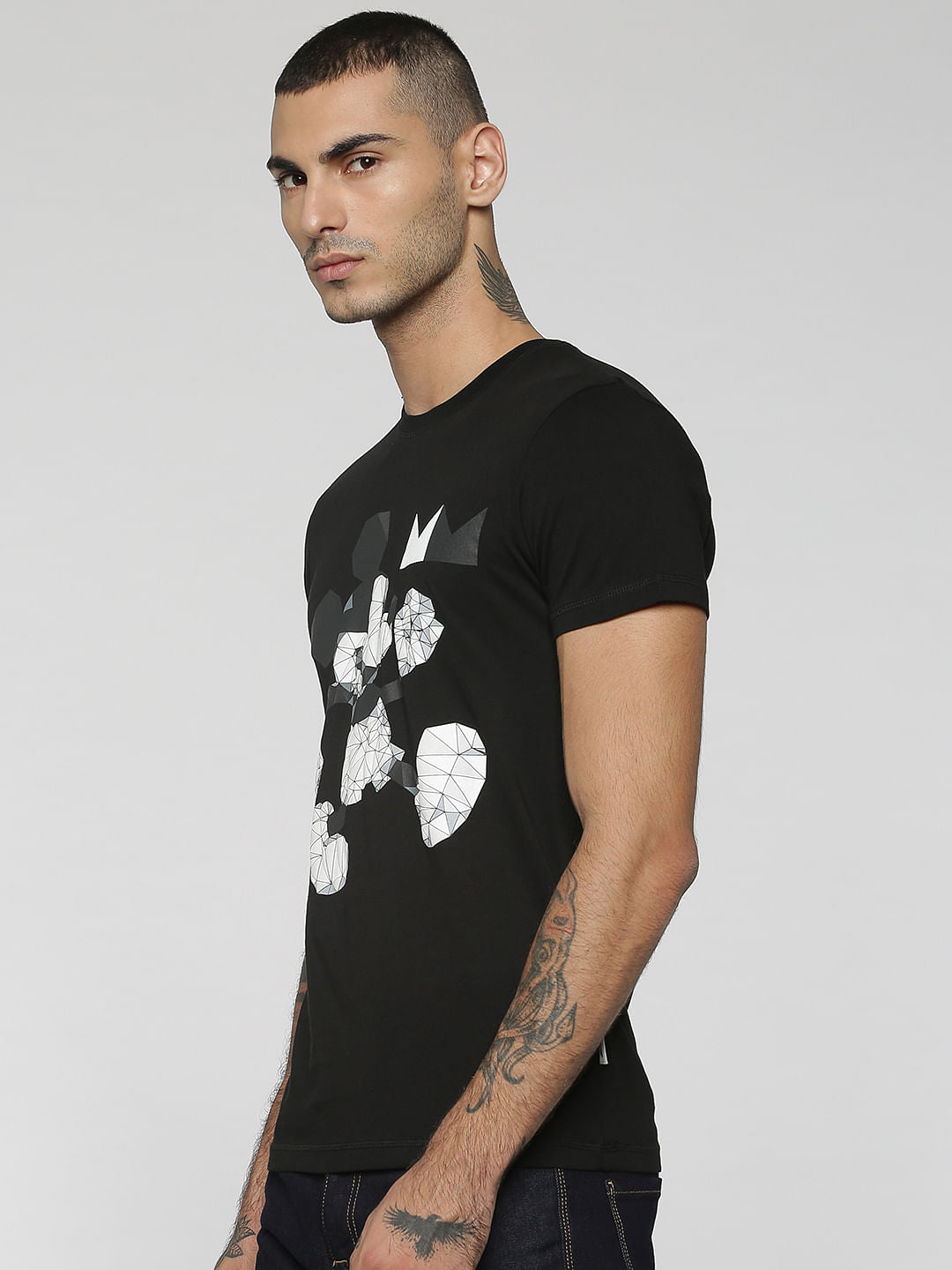 Mickey Black Mickey Mouse Origami Print Crew Neck T-Shirt