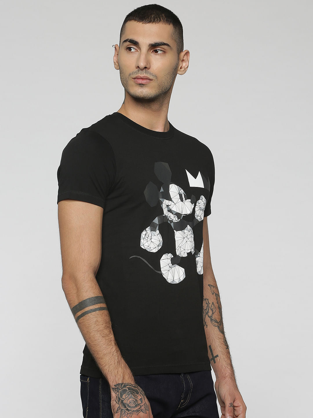 Mickey Black Mickey Mouse Origami Print Crew Neck T-Shirt