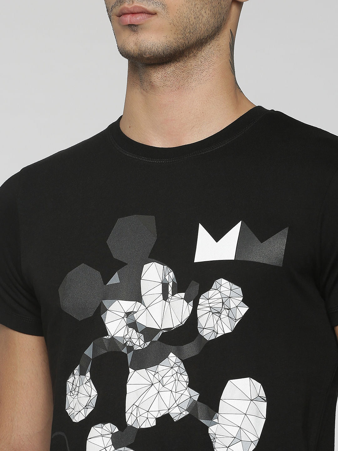 Mickey Black Mickey Mouse Origami Print Crew Neck T-Shirt