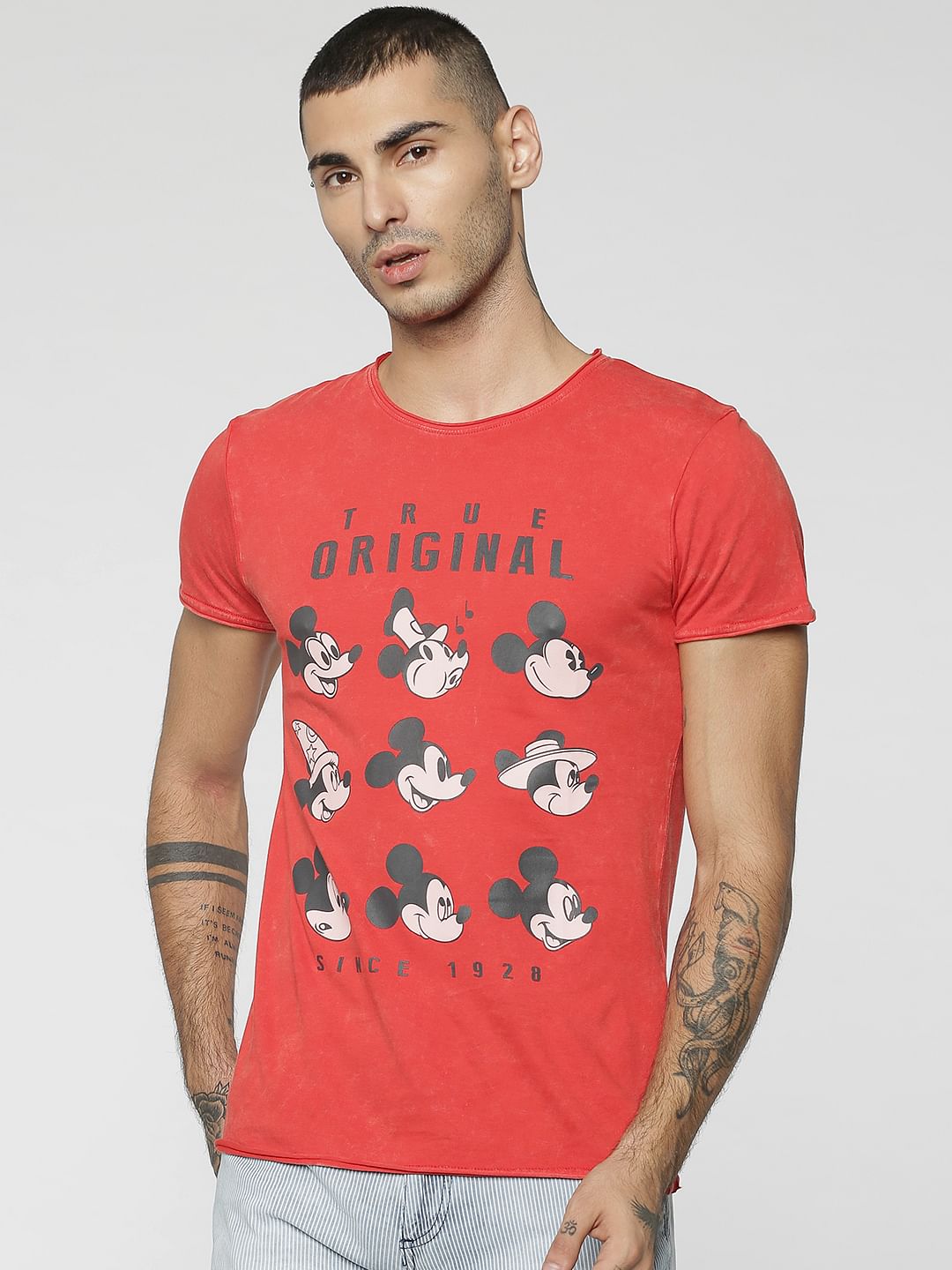 Mickey Red Mickey Mouse Print Crew Neck T-Shirt - S