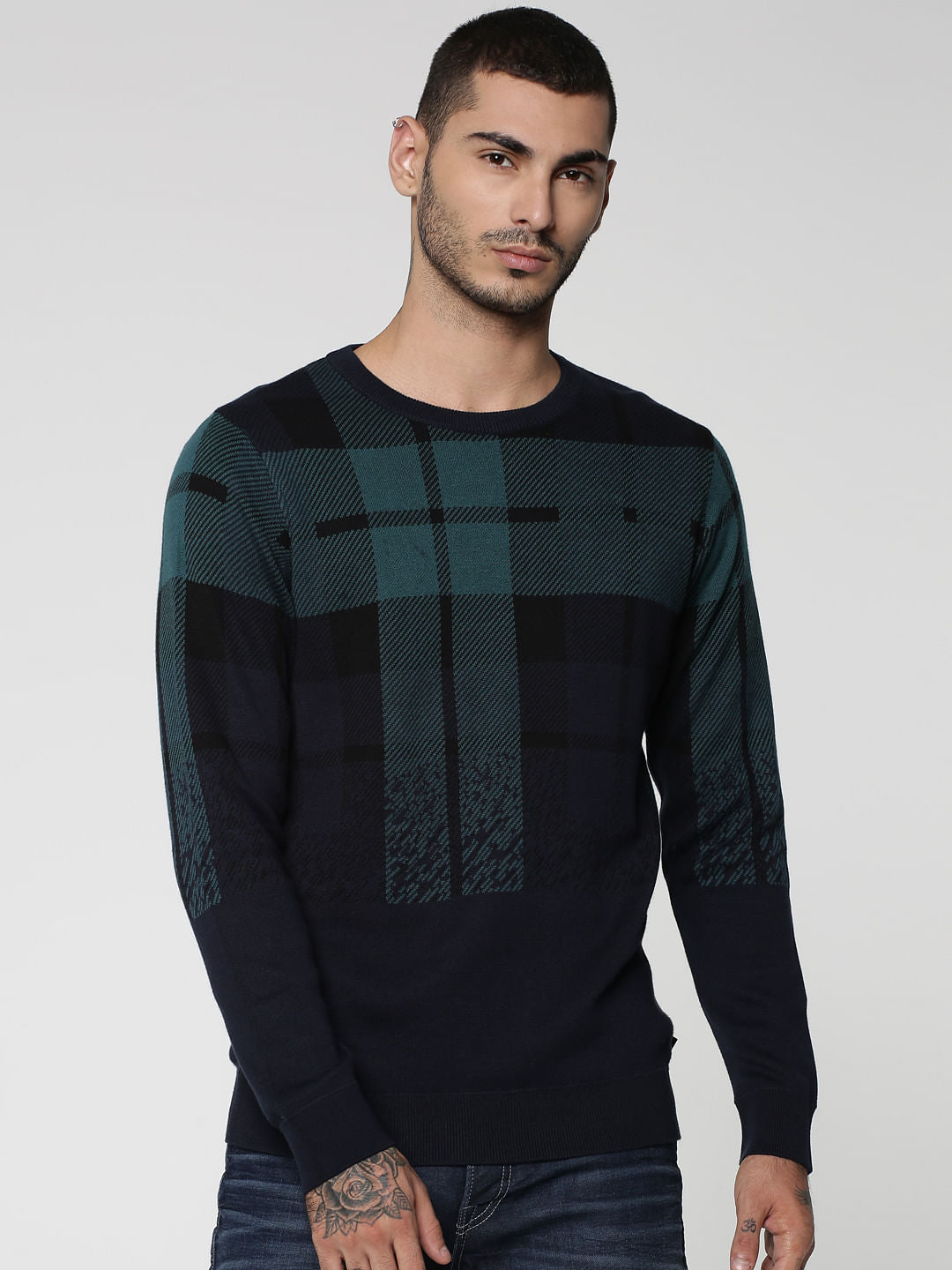 Dark Blue Ombre Check Sweatshirt - S