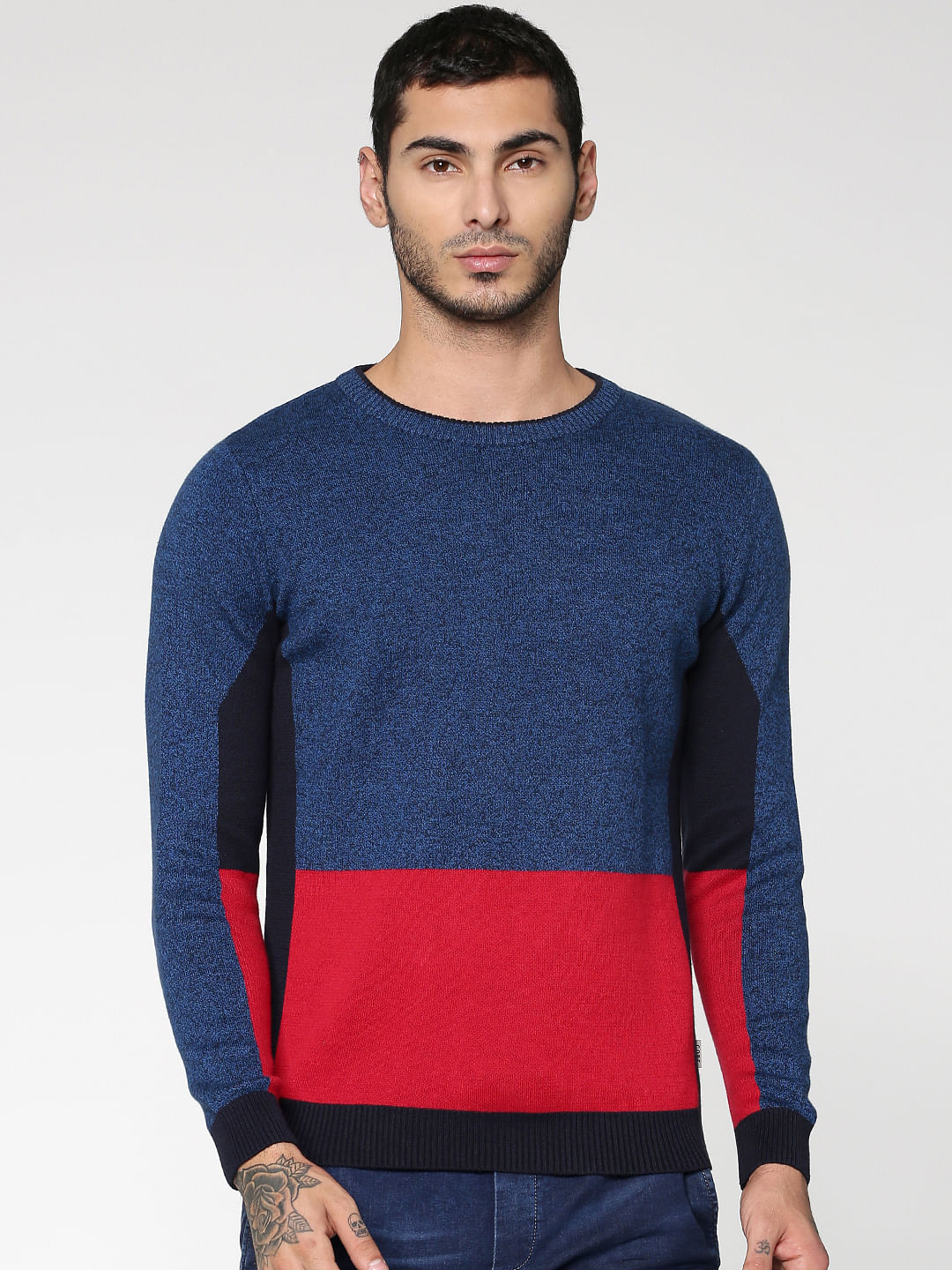 Blue Colour Blocked Crew Neck Sweatshirt - S