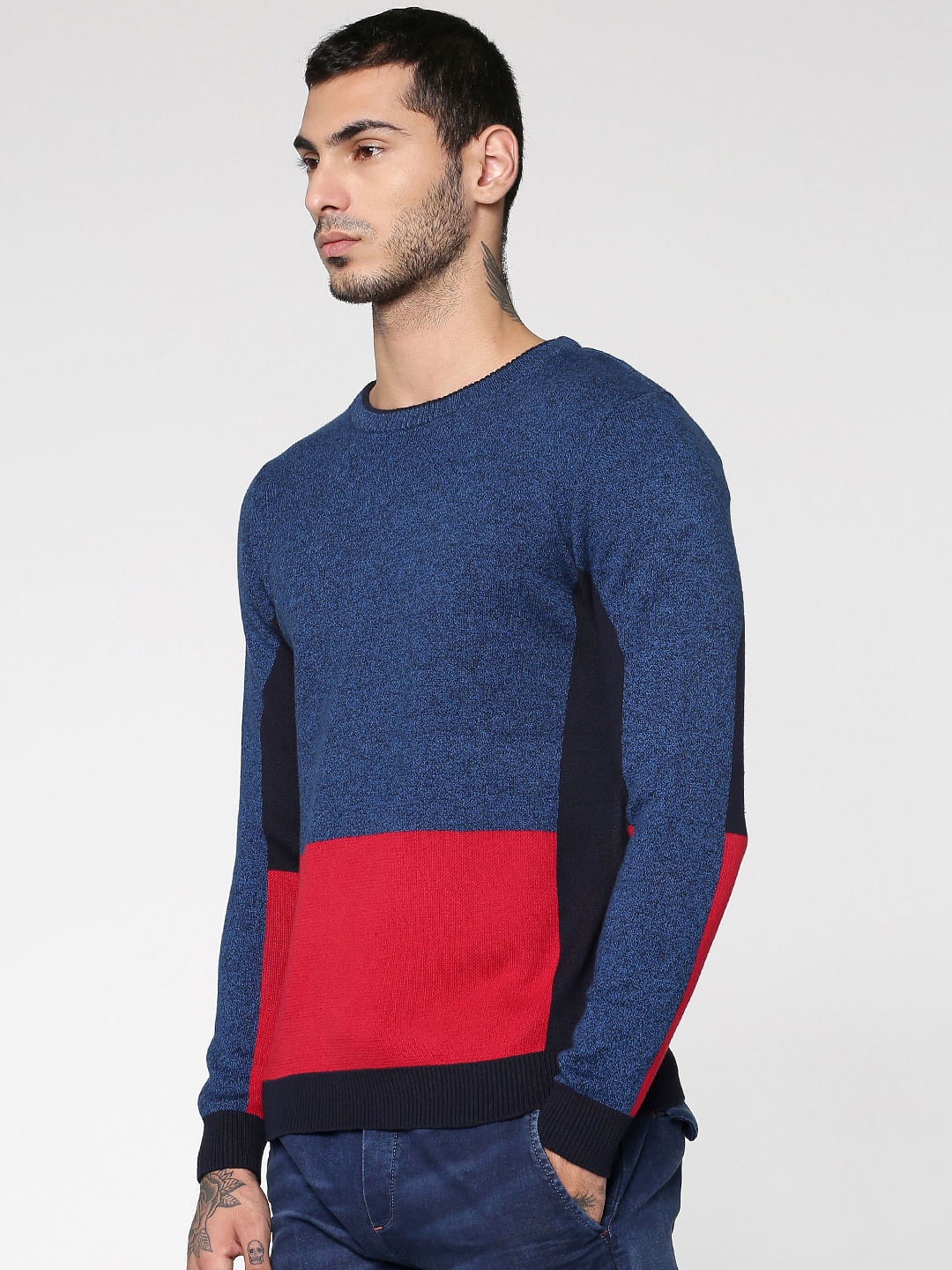 Blue Colour Blocked Crew Neck Sweatshirt