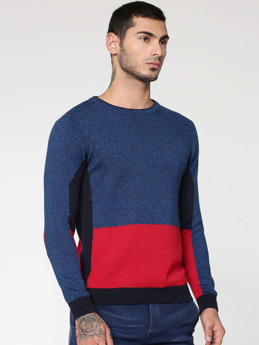 Blue Colour Blocked Crew Neck Sweatshirt