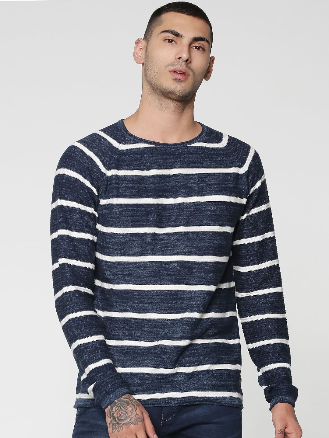 Blue Stripes Raglan Sleeves Crew Neck Sweatshirt - S
