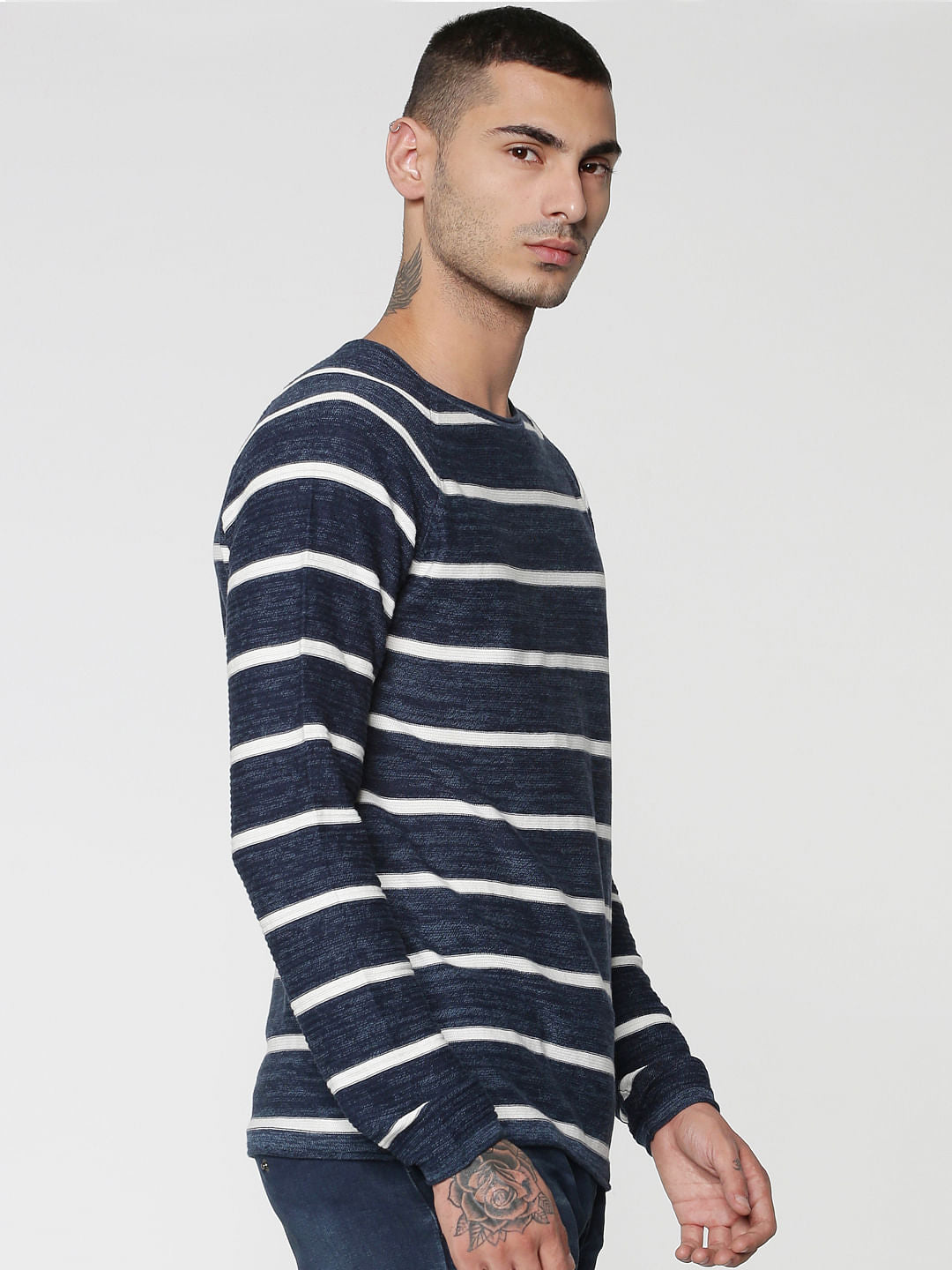 Blue Stripes Raglan Sleeves Crew Neck Sweatshirt