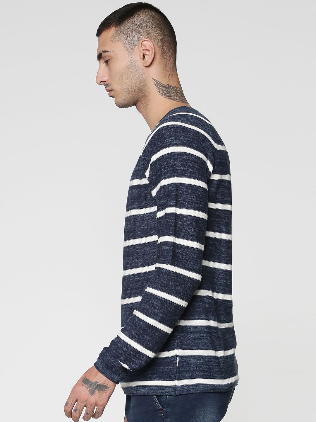 Blue Stripes Raglan Sleeves Crew Neck Sweatshirt