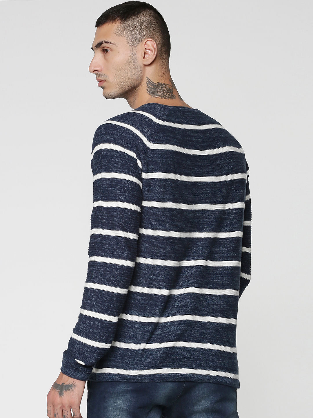 Blue Stripes Raglan Sleeves Crew Neck Sweatshirt