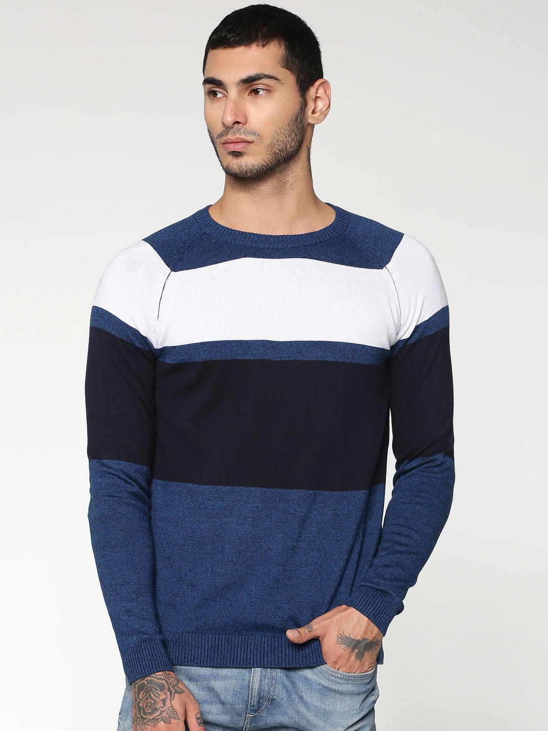 Blue Colourblocked Crew Neck Sweatshirt - S