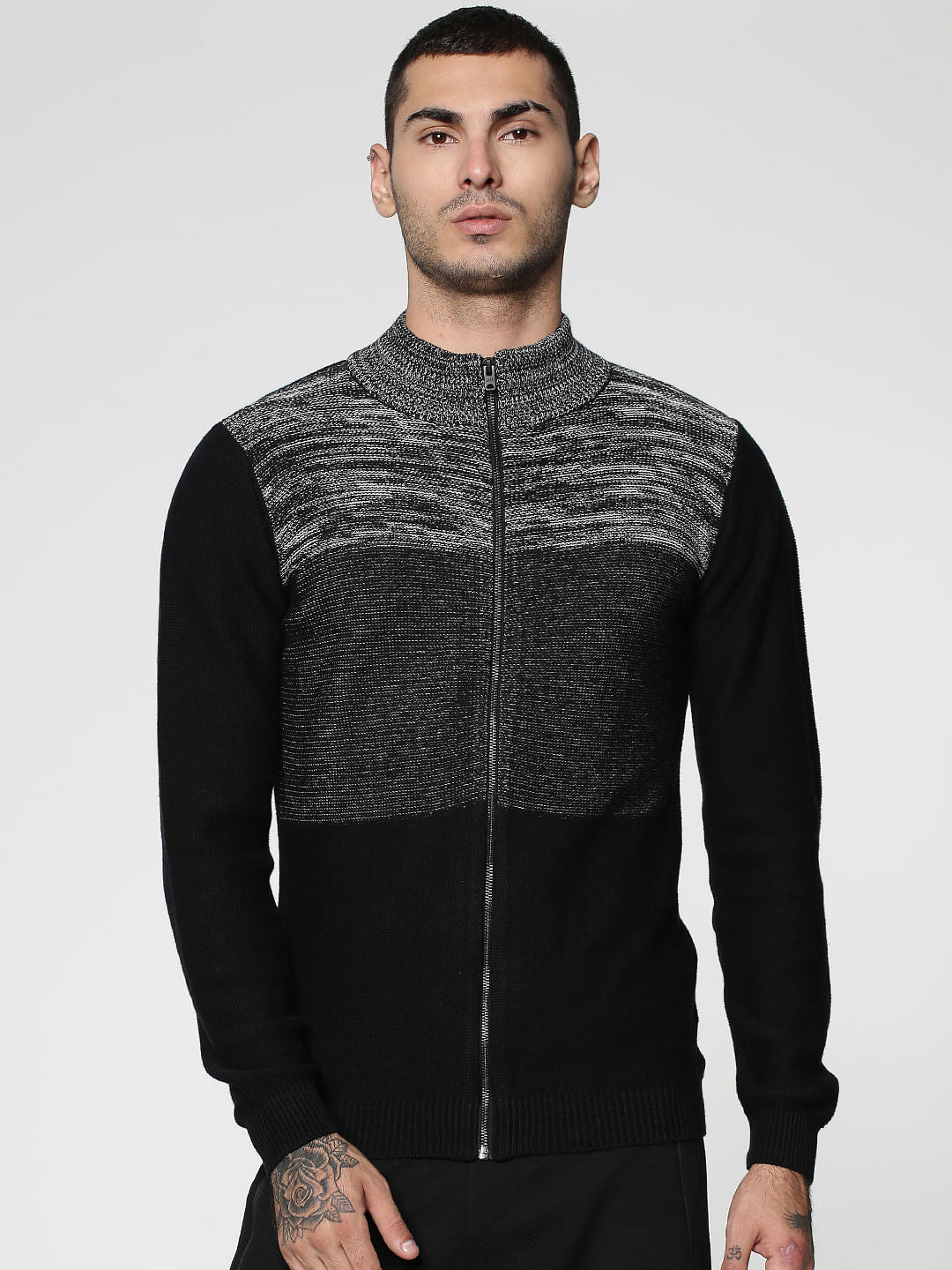 Black Colour Blocked Crew Neck Zip Up Sweatshirt - S