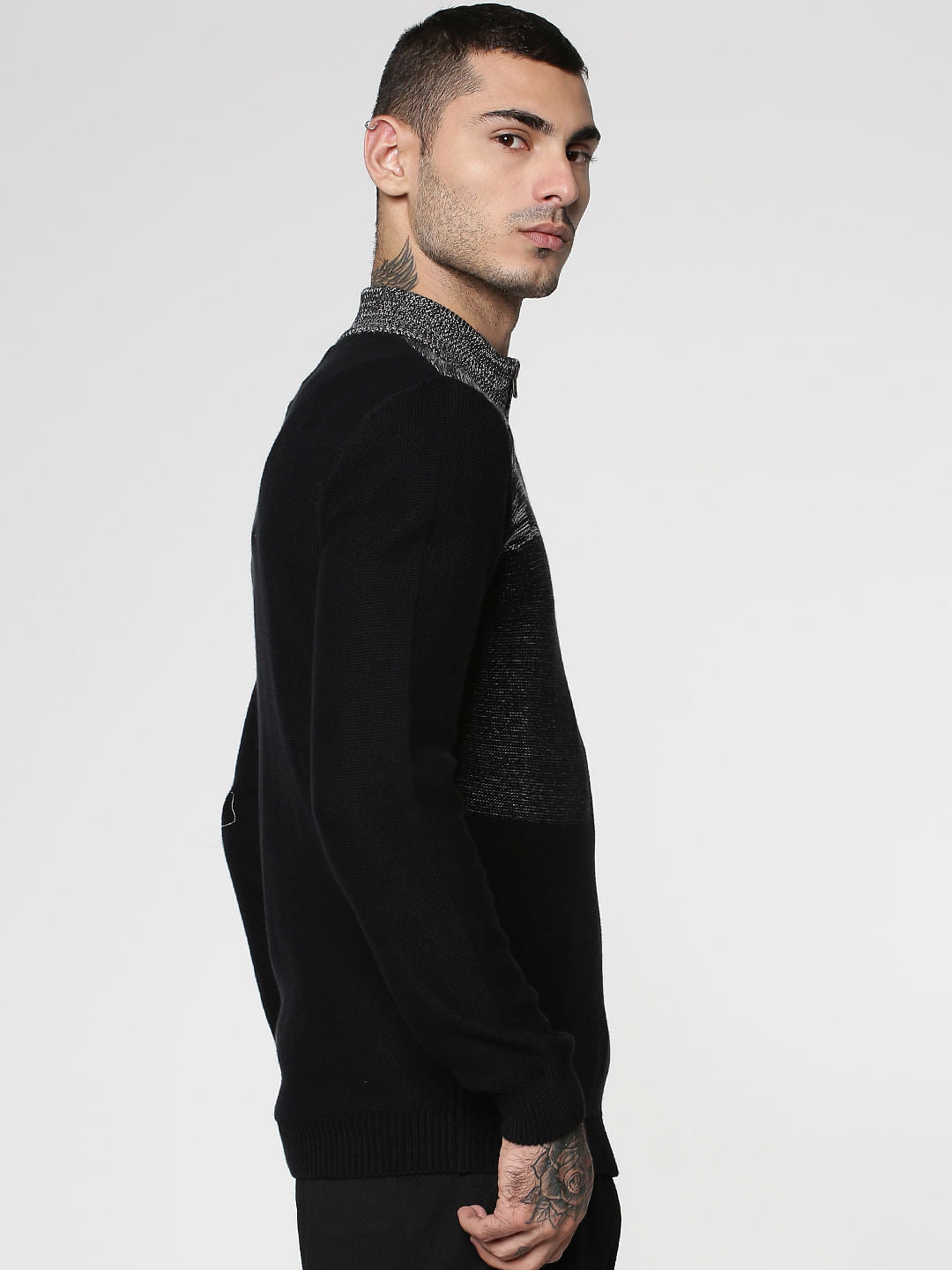 Black Colour Blocked Crew Neck Zip Up Sweatshirt