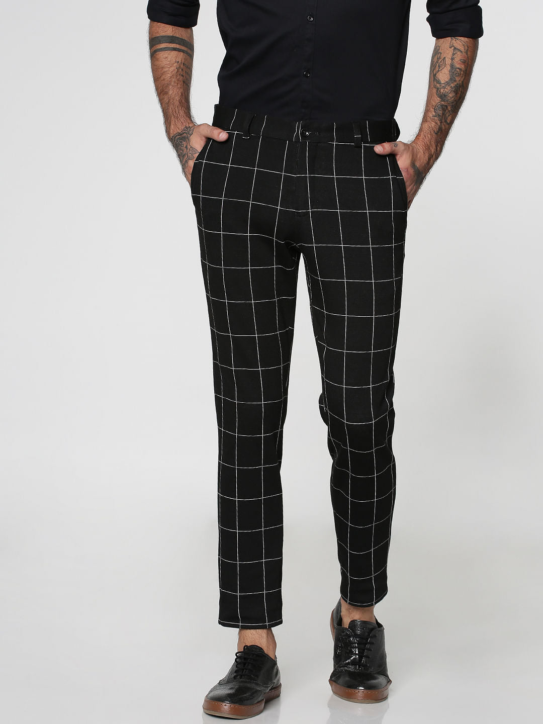 Black Checks Slim Fit Trousers - 46
