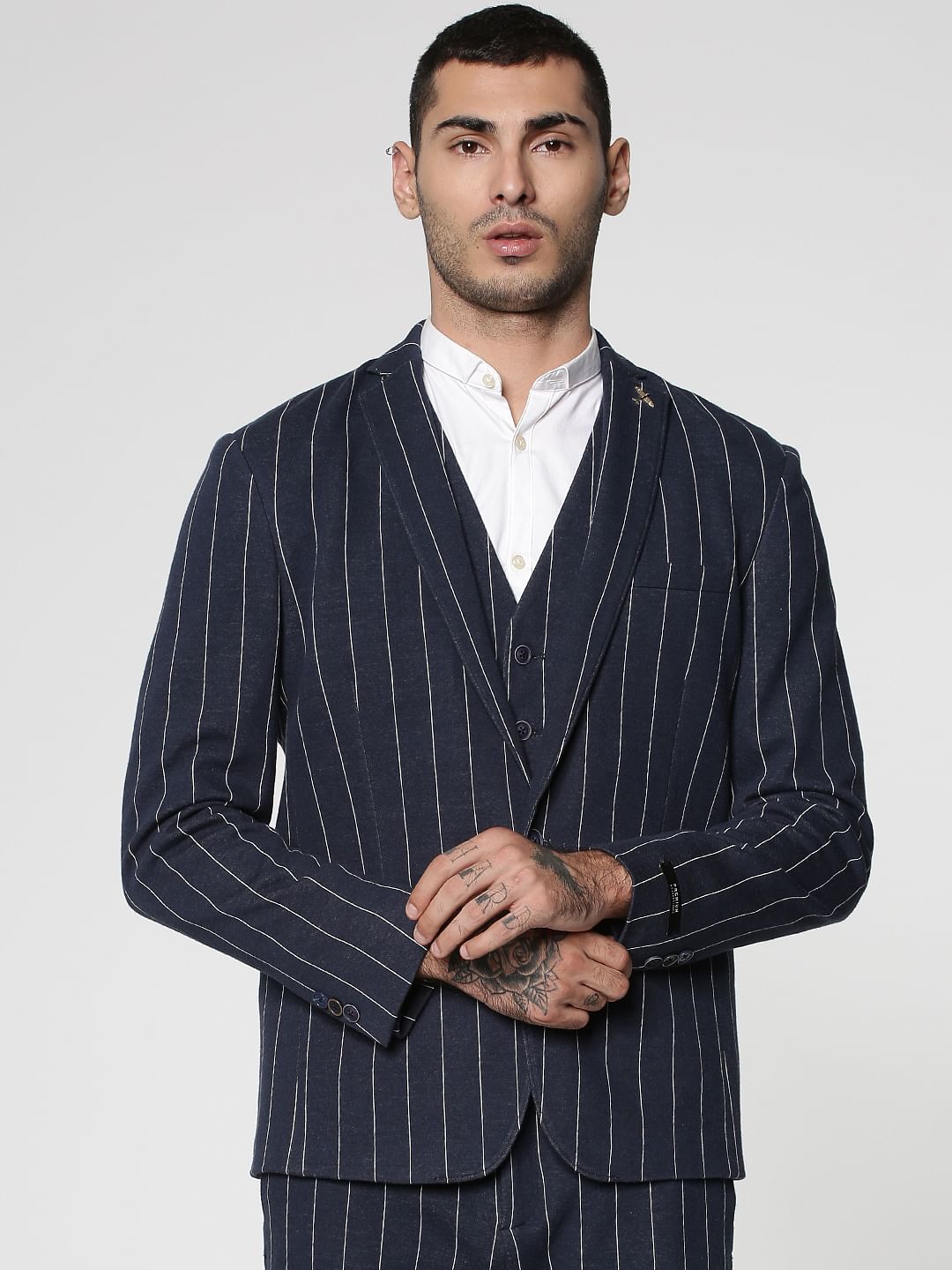 Navy Blue Lapel Collar Slim Fit Blazer - 46