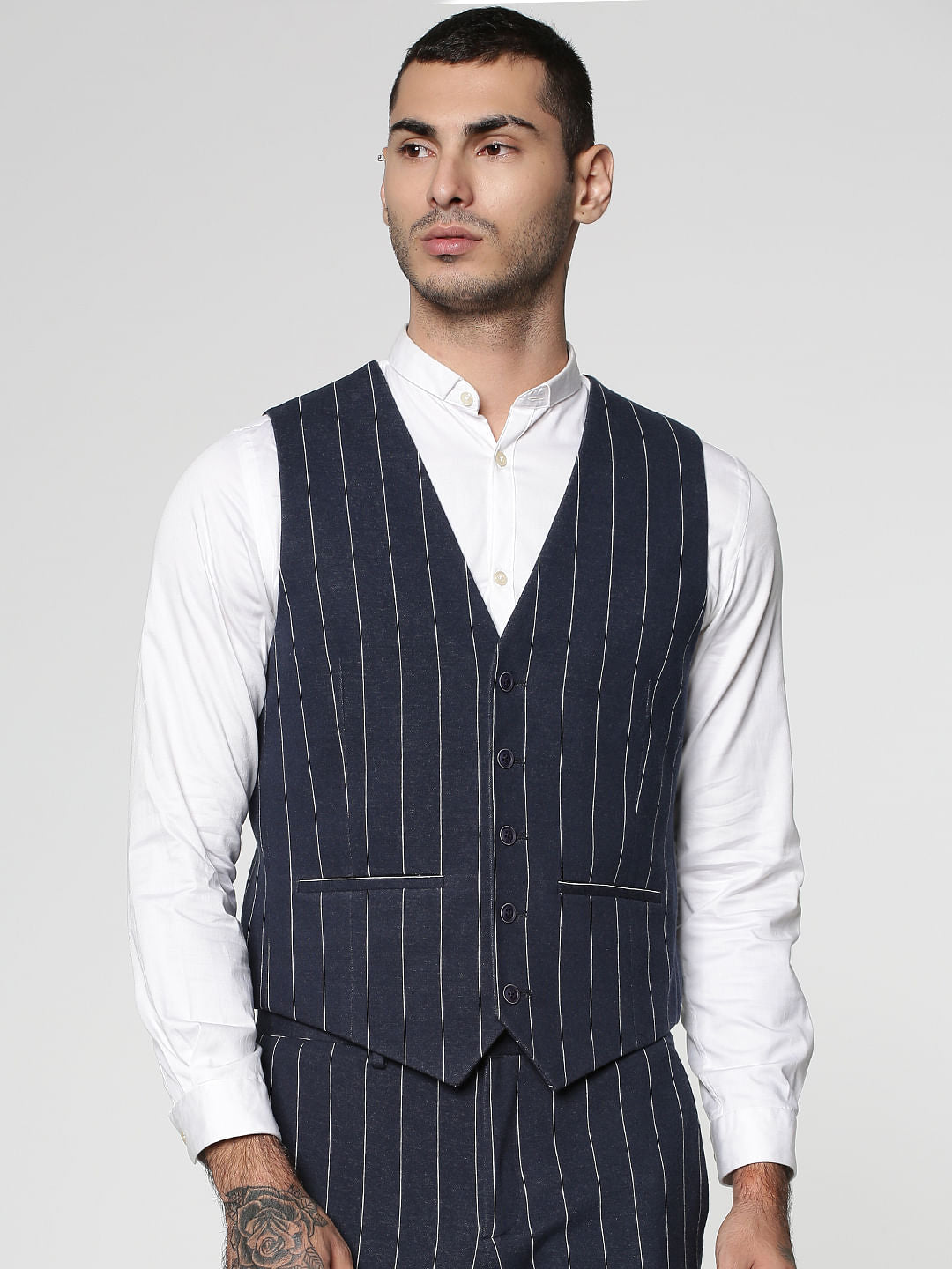 Navy Blue Striped Waistcoat - 46