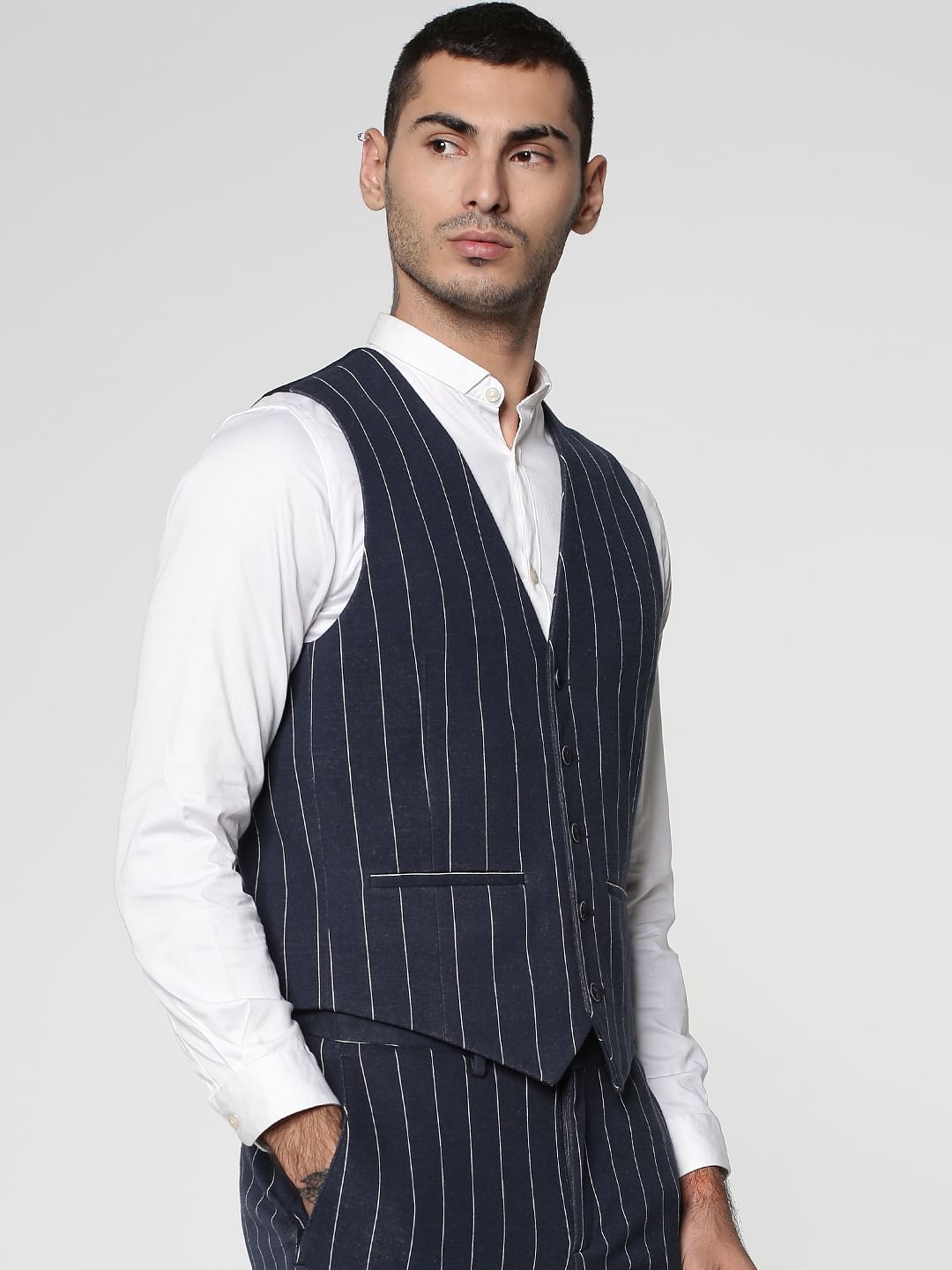 Navy Blue Striped Waistcoat