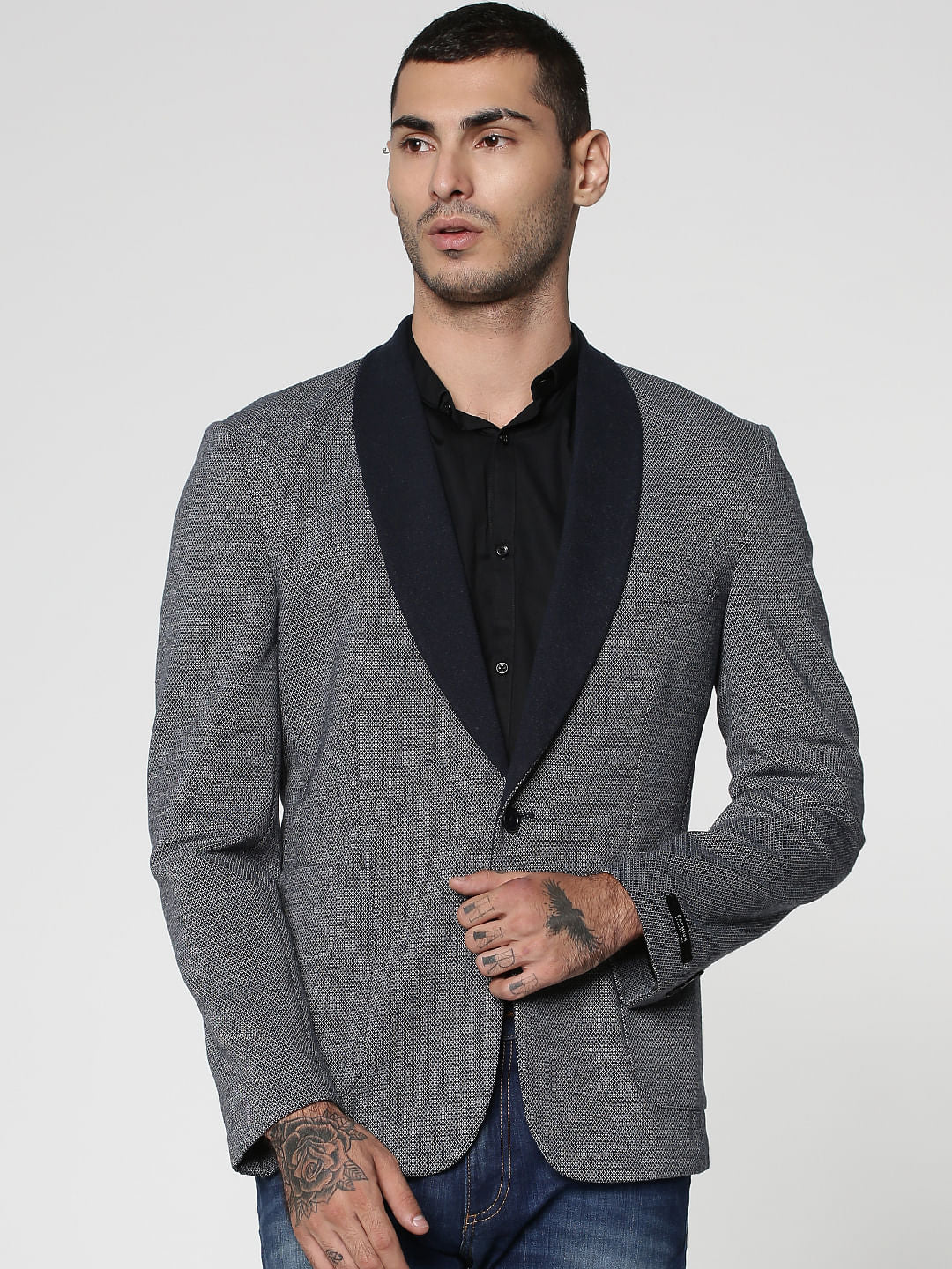 Blue Dobby Knitted Slim Fit Blazer - 46