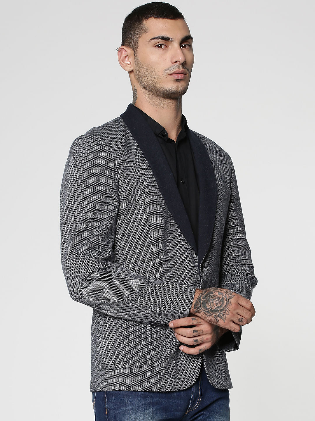 Blue Dobby Knitted Slim Fit Blazer