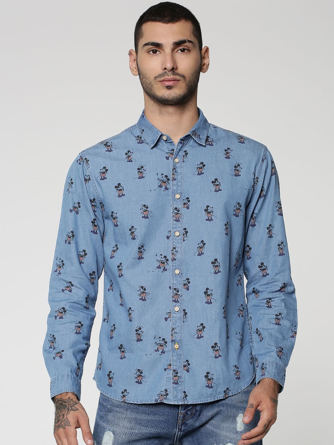 Mickey All Over Mickey Mouse Print Full Sleeves Denim Shirt - S