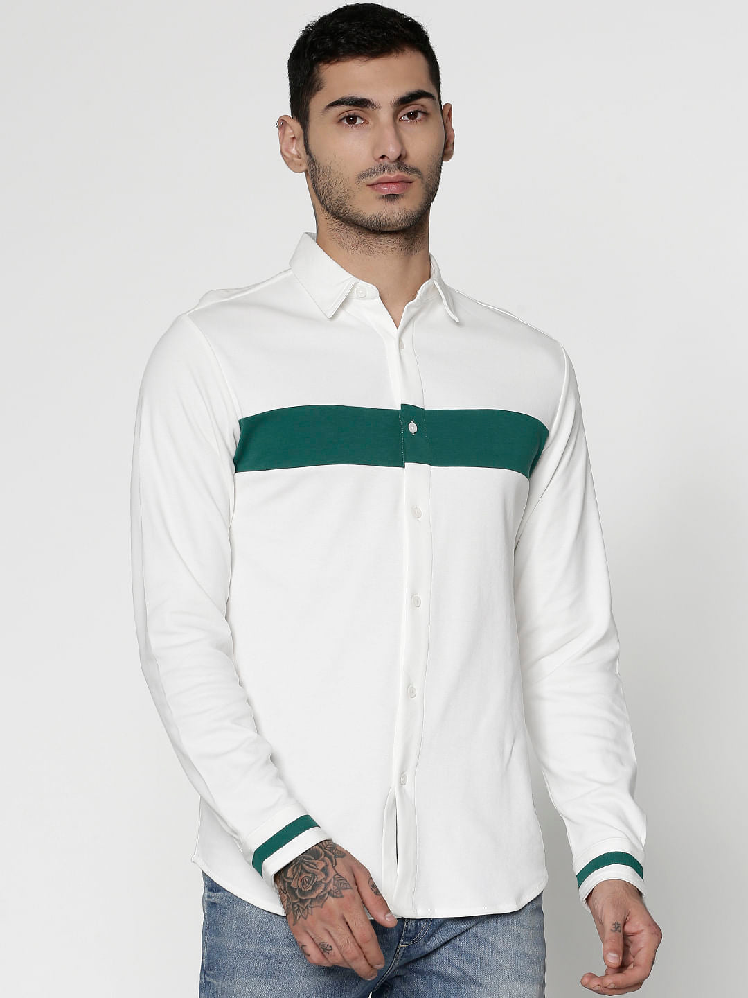White Colour Blocked Slim Fit Full Sleeves Shirt - S