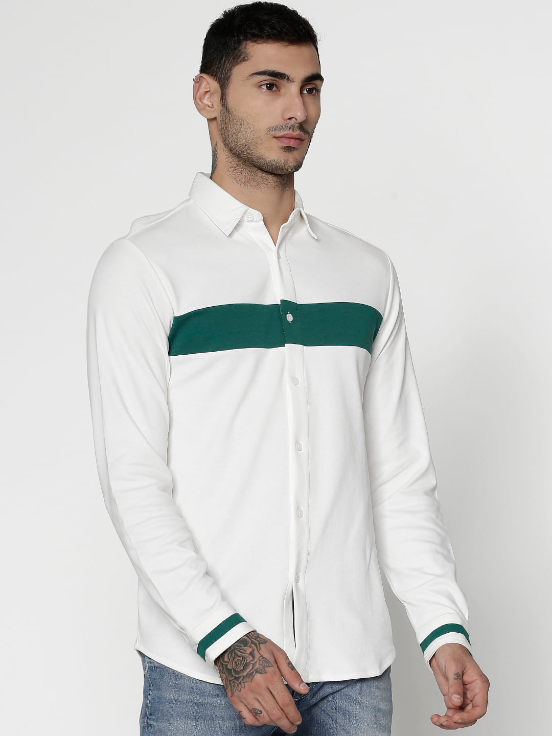 White Colour Blocked Slim Fit Full Sleeves Shirt