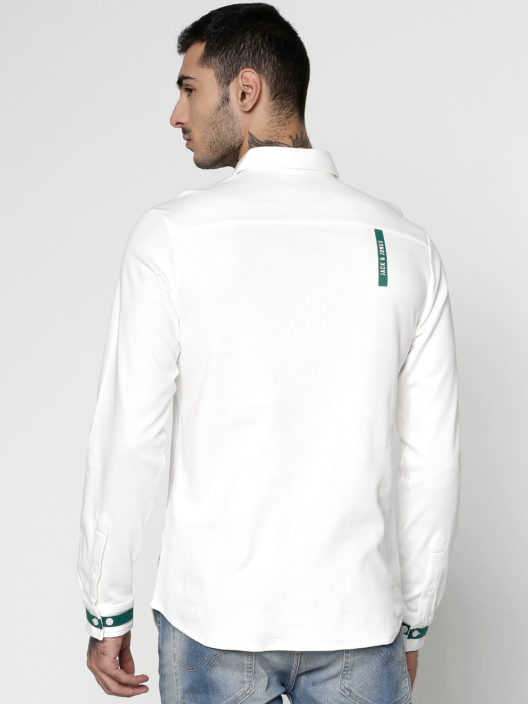 White Colour Blocked Slim Fit Full Sleeves Shirt