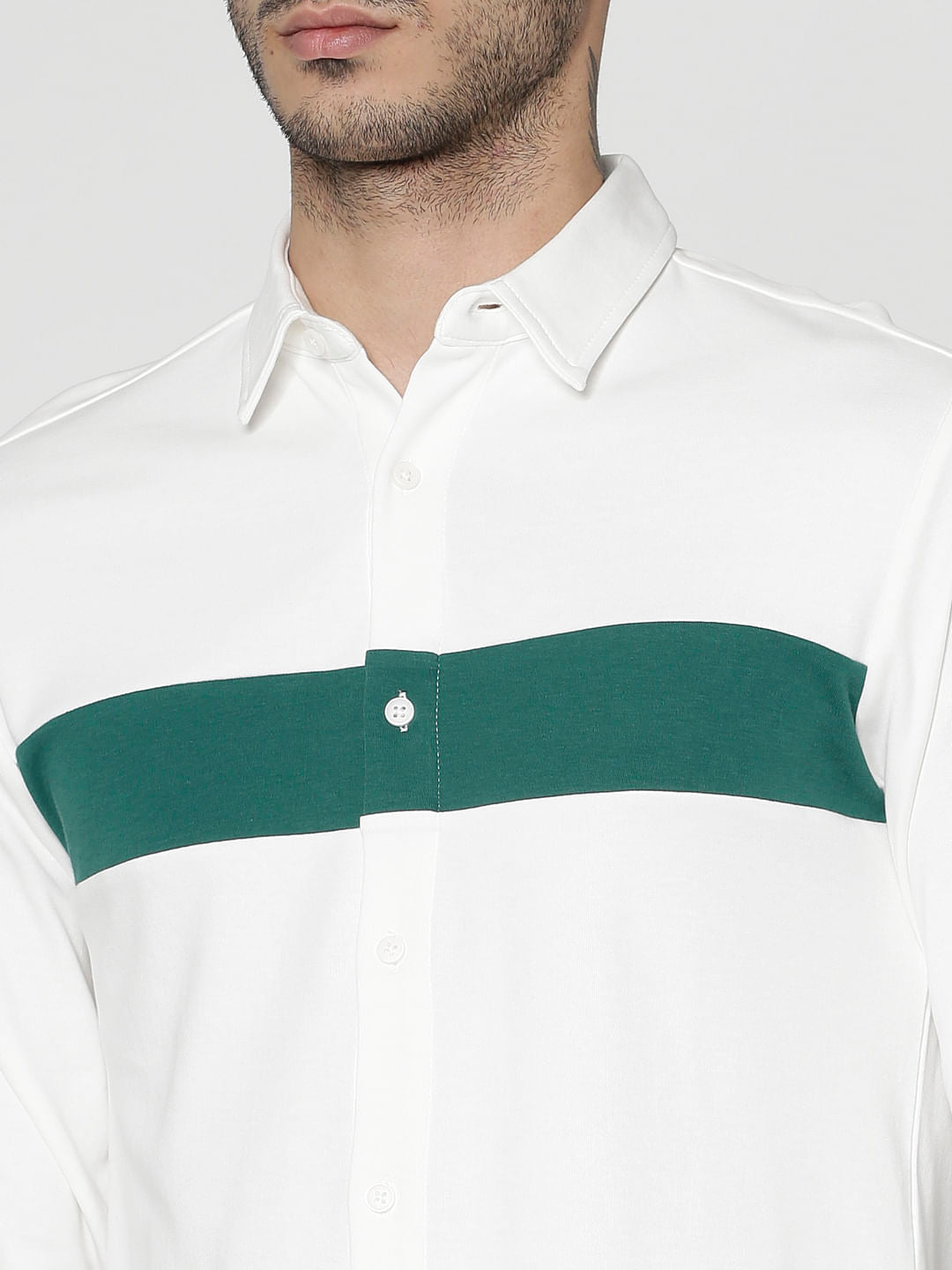 White Colour Blocked Slim Fit Full Sleeves Shirt