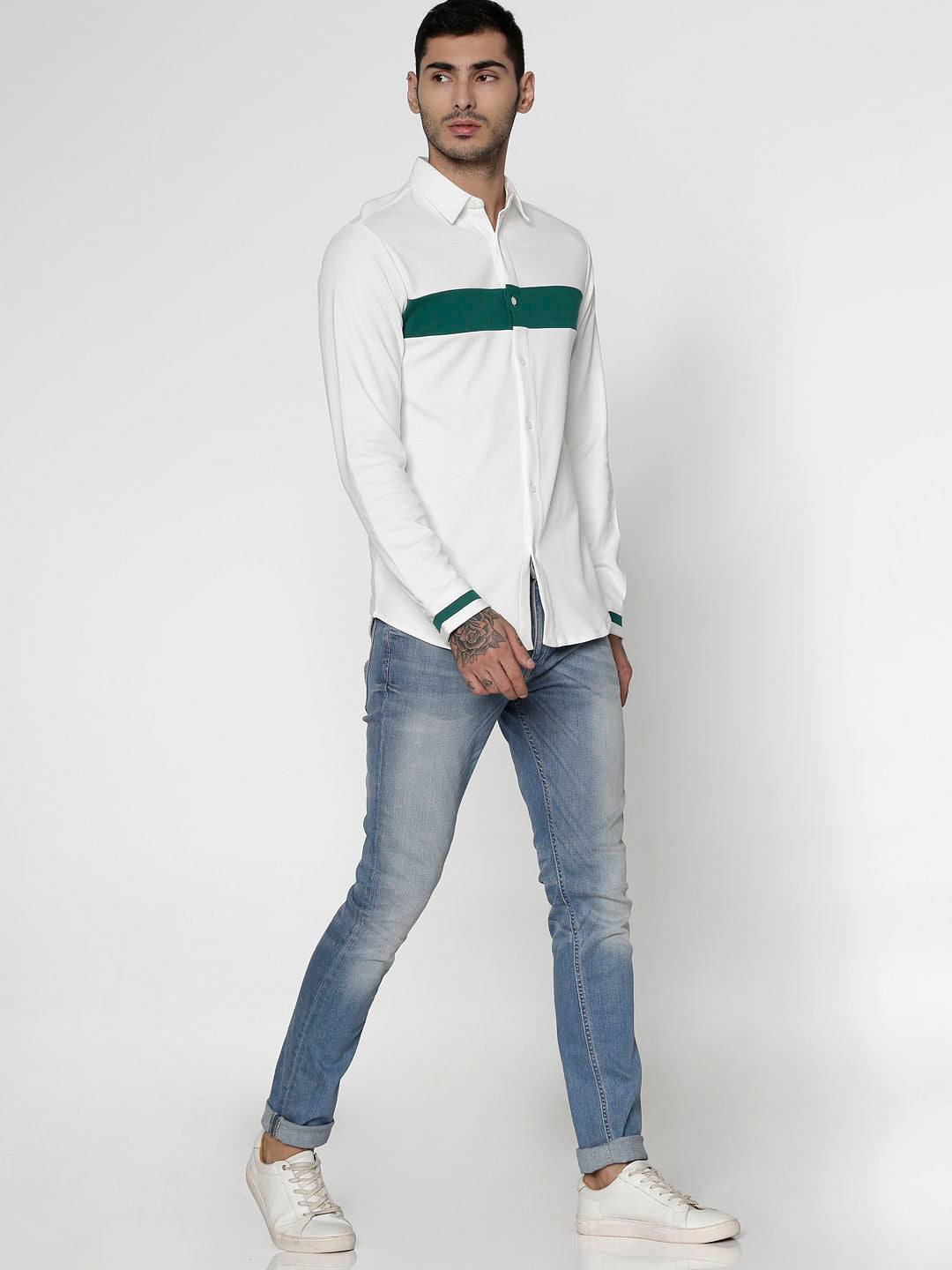 White Colour Blocked Slim Fit Full Sleeves Shirt
