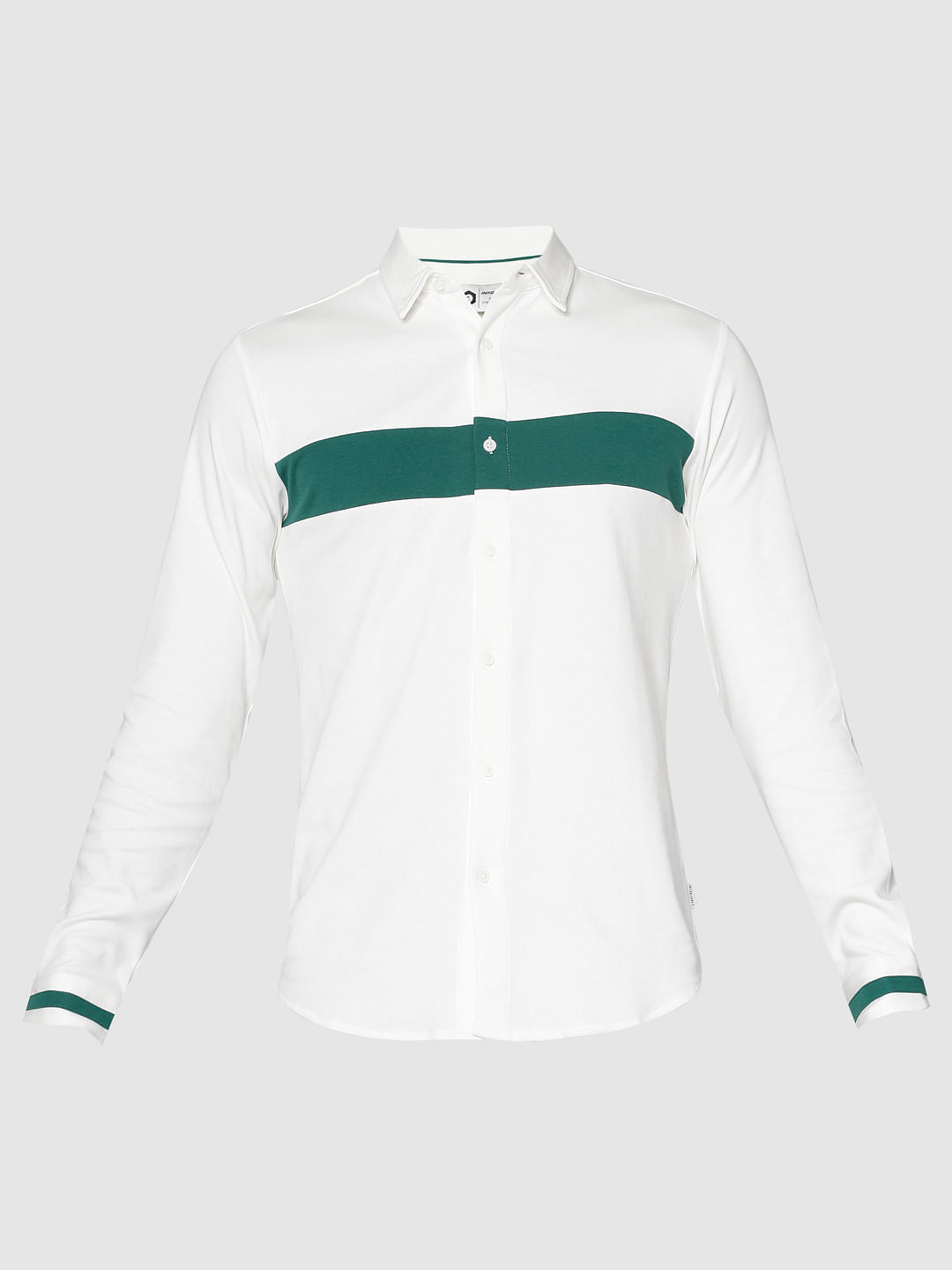White Colour Blocked Slim Fit Full Sleeves Shirt