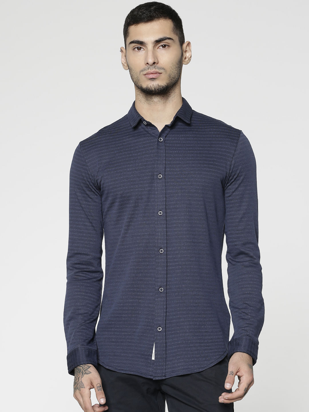 Navy Blue Striped Slim Fit Full Sleeves Shirt