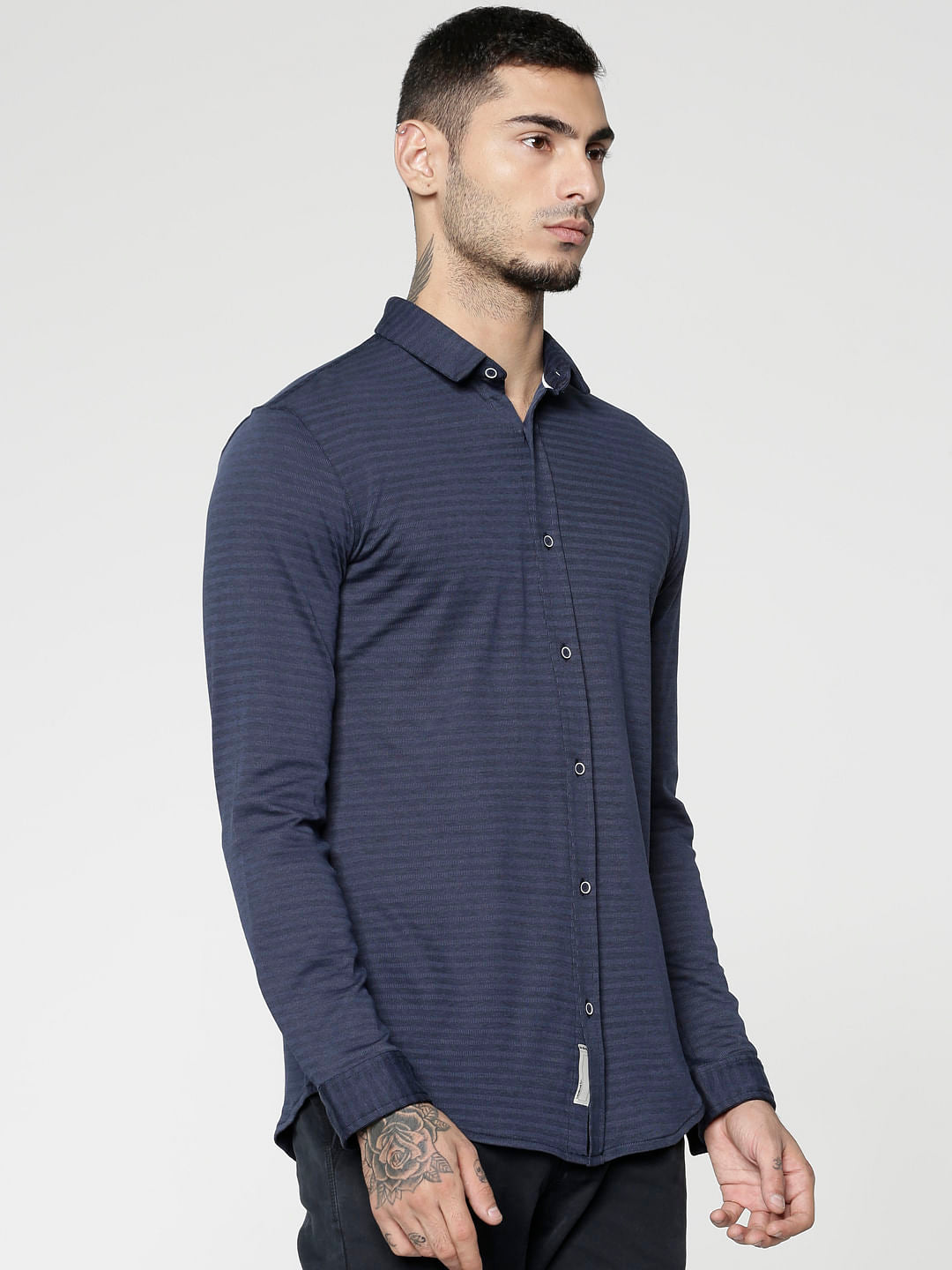 Navy Blue Striped Slim Fit Full Sleeves Shirt