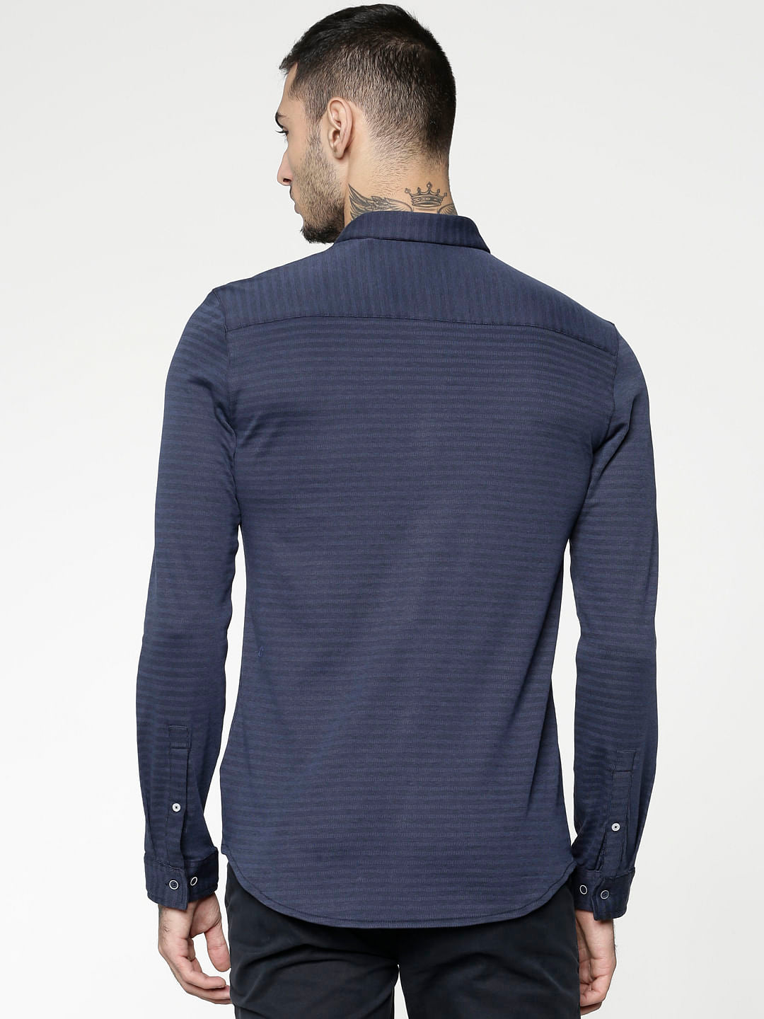 Navy Blue Striped Slim Fit Full Sleeves Shirt
