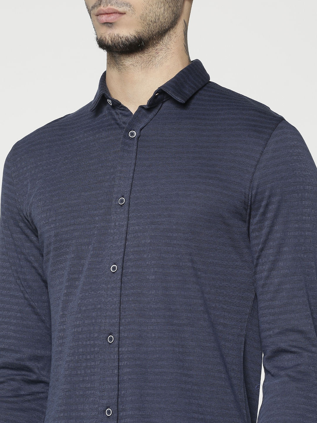 Navy Blue Striped Slim Fit Full Sleeves Shirt