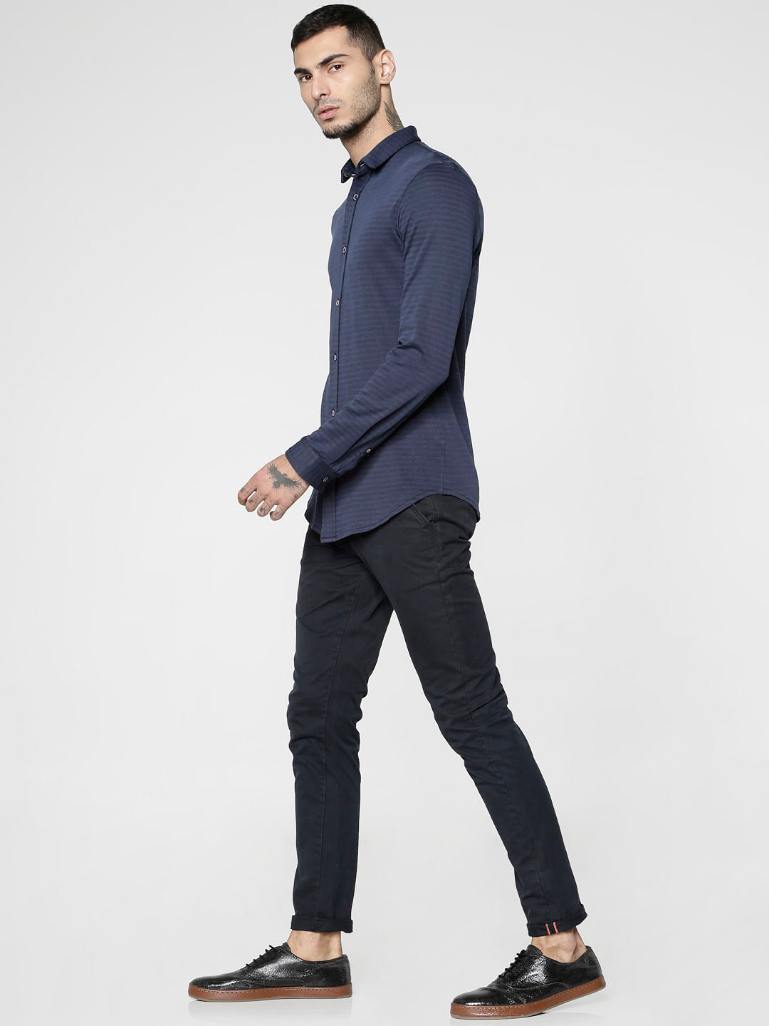 Navy Blue Striped Slim Fit Full Sleeves Shirt